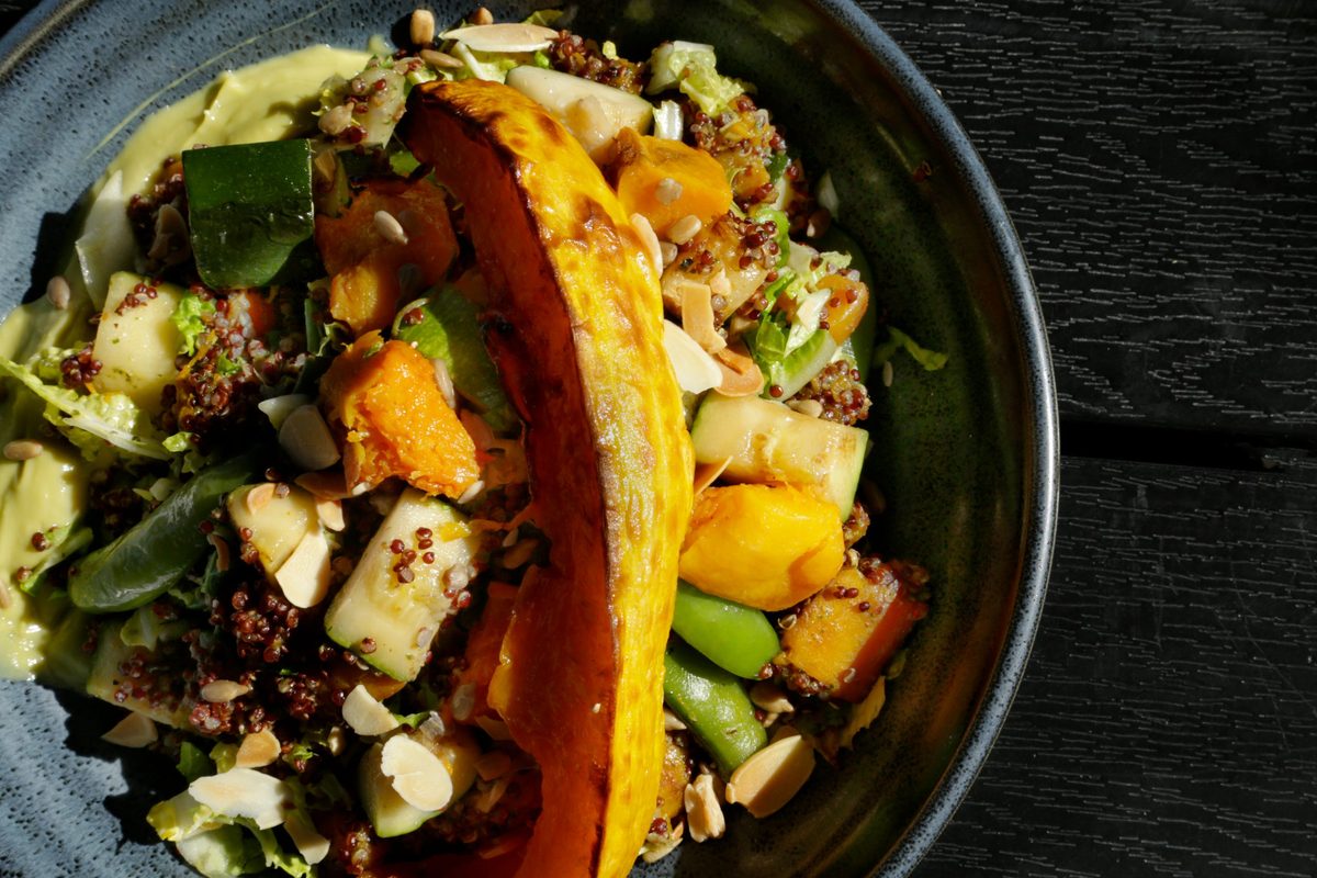 Buddha Bowl with roasted squash, grains, green vegetables and almonds at JW's Patio in Beaumont