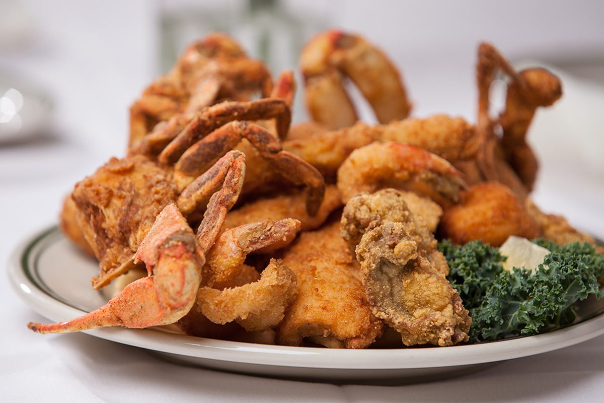 A fried seafood platter with crab, shrimp, oysters and fish at The Schooner Restaurant in Nederland